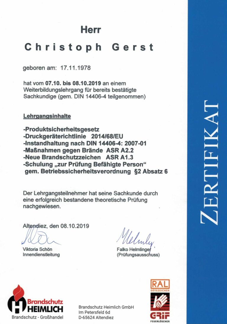 Gerst Feuerschtz | DIN 14406-4 | ASR A2.2 | ASR A1.3 | Zertifikat Instandhaltung Feuerlöscher